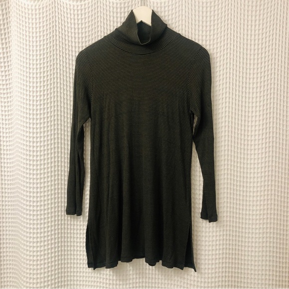 Comfy USA Striped Long Sleeve Turtleneck Tunic Top Green Black Stretch Stripes - Picture 1 of 6